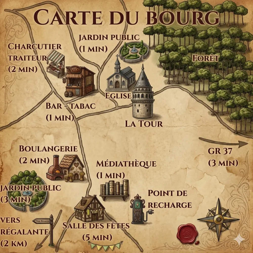 Une carte de style médiéval indique que les commerces et promenades sont à quelques minutes à pied.